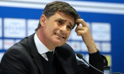 L'entraîneur de Marseille Michel en conférence de presse après la défaite face à Bastia, le 3 avril 2016 au stade Armand Cesari