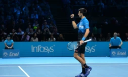 Le Serbe Novak Djokovic après sa victoire sur Rafael Nadal en demi-finale du Masters de Londres, le 21 novembre 2015