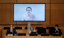 L'opposante Svetlana Tikhanovskaïa s'adressant par message vidéo au Conseil des droits de l'Homme de l'ONU le 18 septembre 2020