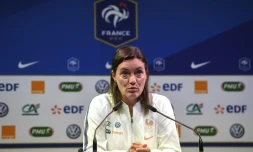 La sélectionneuse Corinne Diacre en conférence de presse à Clairefontaine, ke 26 août 2019