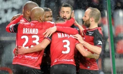 Les attaquants de Guingamp se congratulent après un but de Nancy, le 31 mars 2017 au Roudourou