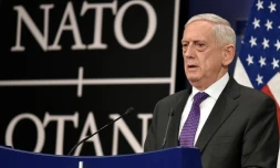 Le secrétaire à la Défense américain James Mattis lors d'une conférence de presse au siège de l'Otan à Bruxelles le 15 février 2018.
