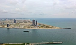 Vue aérienne du chantier du quartier Eko Atlantic à Lagos, le 11 juin 2019