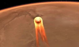 Illustration artistique fournie par la Nasa le 23 novembre 2018 montrant la descente de la sonde InSight vers la planĂšte Mars