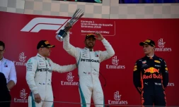 Lewis Hamilton vainqueur du GP d'Espagne devant son coéquipier Valtteri Bottas et Max Verstappen sur le circuit de Montmelo, le 13 mai 2018