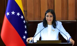 Photo distribuée par la présidence vénézuélienne le 30 janvier 2026 de la présidente par intérim Delcy Rodríguez, lors de son discours devant la Cour suprême de justice à Caracas