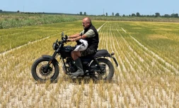 Le riziculteur Dario Vicini traverse ses champs desséchés à moto, à Zeme (nord de l'Italie), le 18 juillet 2022