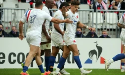 Les joueurs du XV de France se sont amusés face à la Géorgie lors d'un test match disputé au Matmut Atlantique à Bordeaux, le 14 novembre 2021  