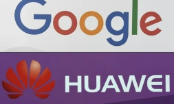 Les logos des géants américain Google et chinois Huawei. Google, dont le systÚme Android équipe l'immense majorité des smartphones dans le monde, a annoncé qu'il coupait les ponts avec Huawei à la suite d'un décret du président Trump