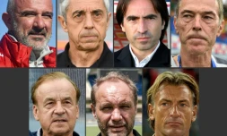 Photo montage (en haut) des sélectionneurs N Dupuis, A Giresse, C Martins et M Dussuyer (en bas) G Rohr, S Migné et H Renard, le 17 juin 2019 à Paris