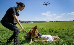 Présentation par l'organisation suisse Redog de l'utilisation de drones aux côtés de chiens pour les missions de sauvetage à Zurich, en Suisse, le 23 août 2017