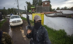Des hommes armés d'une milice patrouillent dans l'Etat de Michoacan, dans l'ouest du Mexique, pour empêcher le vol de leur production d'avocats par les cartels de la drogue, à Ario de Rosales, le 8 juillet 2021.