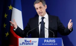 Nicolas Sarkozy lors de son discours après l'annonce de son élimination au premier tour de la primaire de la droite, le 20 novembre 2016 à Paris
