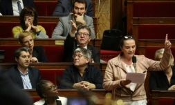 Dans l'hémicycle, les bancs LFI, avec Jean-Luc Melenchon, Clémentine Autain, François Ruffin, Eric Coquerel, Daniele Obono et Caroline Fiat, le 14 janvier 2020
