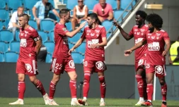 La joie des Brestois vainqueurs sur le terrain du Havre, le 20 août 2023