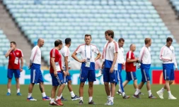 Le milieu russe Denis Cheryshev (c) à l'entraînement à Sotchi le 6 juillet 2018 au Mondial