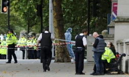 Des policiers sur les lieux où des piétons ont été blessés par une voiture qui a heurté des piétons près du Museum d'histoire naturelle, dans un quartier touristique de Londres, le 7 octobre 2017