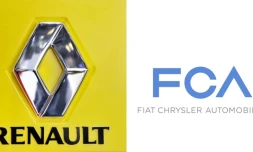 Le logo du constructeur automobile Renault (G)photo prise le 2 mars 2011, et celui de FCA, Fiat Chrysler Automobiles, datant du 29 janvier 2014