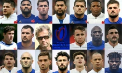 Combinaison de photos d'archives des Bleus créee le 21 août 2023 sur la base de la sélection pour la Coupe du monde des 33 joueurs annoncée par le sélectionneur de l'équipe de France Fabien Galthié le 21 août 2023 à Boulogne-Billancourt prÚs de Paris