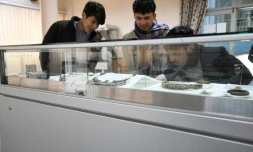 Des visiteurs admirent des objets du musée national d'Afghanistan, le 12 décembre 2021 à Kaboul