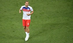 L'attaquant anglais Harry Kane à l'échauffement avant le match contre la Tunisie, le 18 juin 2018 à Volgograd