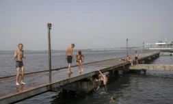 De jeunes ukrainiens se baignent dans une rivière, à Mykolaïv, le 22 août 2022