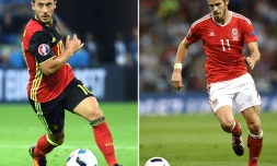 Montage de photos de l'attaquant belge Eden Hazard, le 13 juin 2016 à Lyon, et du footballeur écossais Gareth Bale, le 20 juin 2016 à Toulouse, au cours de l'Euro 2016 qui se déroule en France