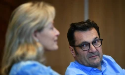 Le directeur général de la LFP Didier Quillot (d) et la présidente de la Ligue Nathalie Boy de la Tour à la veille du Trophée des champions, le 3 août 2018 à Shenzhen