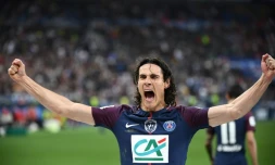 L'attaquant du Paris SG Edinson Cavani buteur lors de la victoire 2-0 face aux Herbiers en finale de la Coupe de France le 8 mai 2018