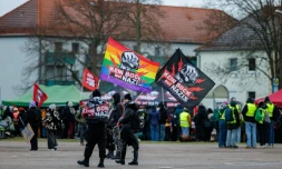 Des manifestants rassemblés contre un congrès du parti d'extrême droite allemand AfD à Riesa, dans l'est du pays, le 11 janvier 2025