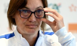 La sélectionneuse des Bleues Corinne Diacre devant la presse à l'orée de la préparation pour l'Euro à Clairefontaine, le 14 juin 2022  
