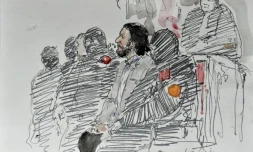 Un croquis d'audience  représente Salah Abdeslam, attendant le début de son procès au Palais de Justice de Bruxelles, le 5 février 2018