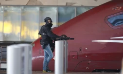 Un membre des unités spéciales de la police néerlandaise près d'un train Thalys dans la gare ecentrale de Rotterdam le 18 septembre 2015