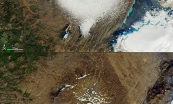 Ces images satellite montrent l'une (en haut) le glacier islandais Okjökull le 7 septembre 1986 et l'autre (en bas), le 1er aoĂ»t 2019, la mĂȘme zone d'oĂč le glacier a disparu