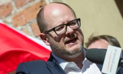 Le maire de Gdansk, Pawel Adamowicz, lors d'une manifestation antifasciste à Gdansk (nord de la Pologne) le 21 avril 2018