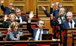 Le patron des sénateurs LR Bruno Retailleau (c) lors d'un vote au Sénat pendant les débats sur le projet de loi immigration, le 7 novembre 2023 à Paris