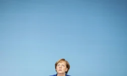 La chancelière allemande Angela Merkel lors d'une conférence de presse à Berlin le 12 janvier 2018