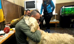 Un soldat souffrant de syndrome de stress post-traumatique embrasse un chien dans l'enceinte de l'hôpital à Kiev le 13 février 2020 dans le cadre d'un programme pour gérer les cas de SSPT 