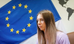 La sprinteuse bélarusse Krystsina Tsimanouskaya lors de son interview à l'AFP à Varsovie en Pologne le 9 aôut 2021. 