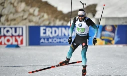 Martin Fourcade lors du relais des Mondiaux de biathlon d'Anterselva, dans les Alpes italiennes, le 22 février 2020