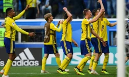 Les Suédois jubilent après leur qualification en quarts de finale du Mondial le 3 juillet 2018