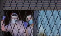 Une équipe d'agents désinfectent une résidence pour personnes handicappées, à Getafe, dans la banlieu de Madrid, le 25 mars 2020