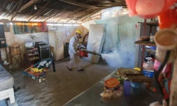 Un agent sanitaire procÚde à la fumigation d'une maison contre le moustique Aedes Aegytpi, vecteur du virus Zika, le 2 février 2016 à Acapulco, au Mexique