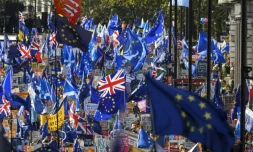 Des manifestants agitent des drapeaux britanniques et européens, le 19 octobre 2019 à Londres