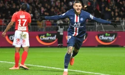 L'attaquant argentin du Paris Saint-Germain Mauro Icardi savoure un but inscrit Ă Brest en Ligue 1 le 9 novembre 2019.