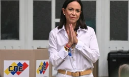 La cheffe de l'opposition au Venezuela, Maria Corina Machado, dans un bureau de vote lors de l'élection présidentielle, à Caracas, le 28 juillet 2024