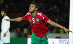 Le Marocain Ayoub El-Kaabi, vient de marquer face à la Libye au cours de la demi-finale de la CHAN,  au stade Mohammed V de Casablanca, le 31 janvier 2018