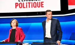 Les tĂȘtes de liste aux europĂ©ennes Nathalie Loiseau (LREM) et Jordan Bardella (RN) lors d'un dĂ©bat sur France 2 le 4 avril 2019
