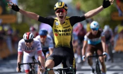 Le Belge Wout van Aert franchit en vainqueur la ligne d'arrivée de la 10e étape du Tour de France, le 15 juillet 2019 à Albi