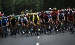 Le peloton du Tour de France mené par Julian Alaphilippe, le 14 juillet 2019 entre Saint-Etienne et Brioude